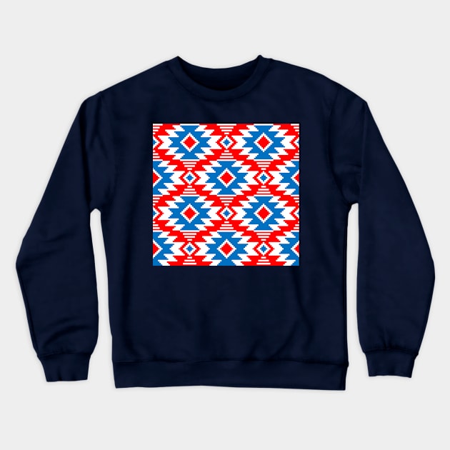 Tribal Aztec Native Ornament - White Medium Cyan Blue Red - Ethnic Amulet Boho Pattern Crewneck Sweatshirt by GrandTartaria